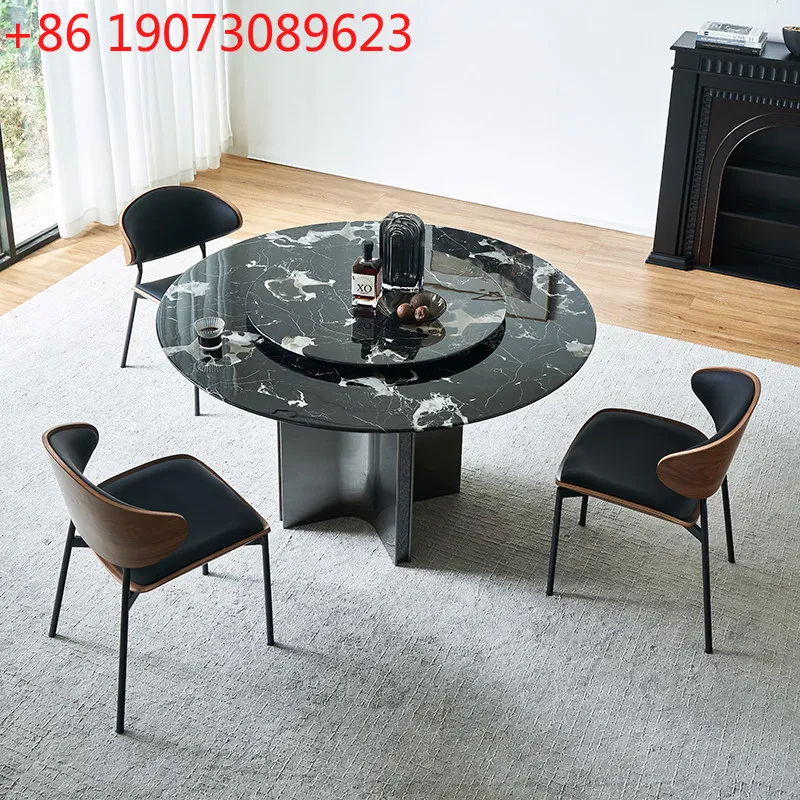 

Italian minimalist black rose marble dining table round with turntable high-end stainless steel dining table