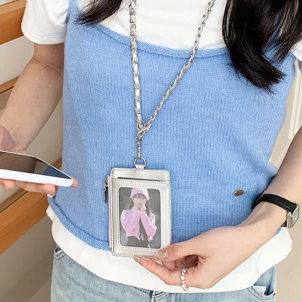 Kawaii Chain Card Holder PU Leather with Lanyard Photos Protective Cover Card Sleeve
