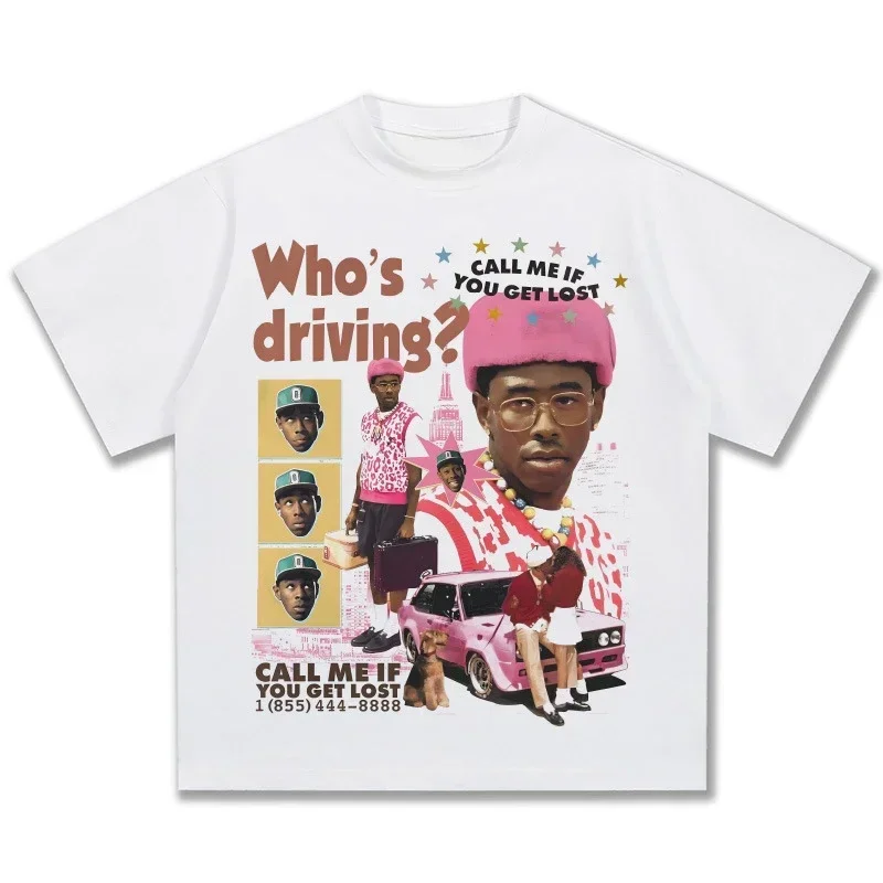 

American Retro Street Portrait Tyler Print Short Sleeve T-shirt Men Women Y2k Tee Harajuku Fashion Hip Hop Casual Summer Top