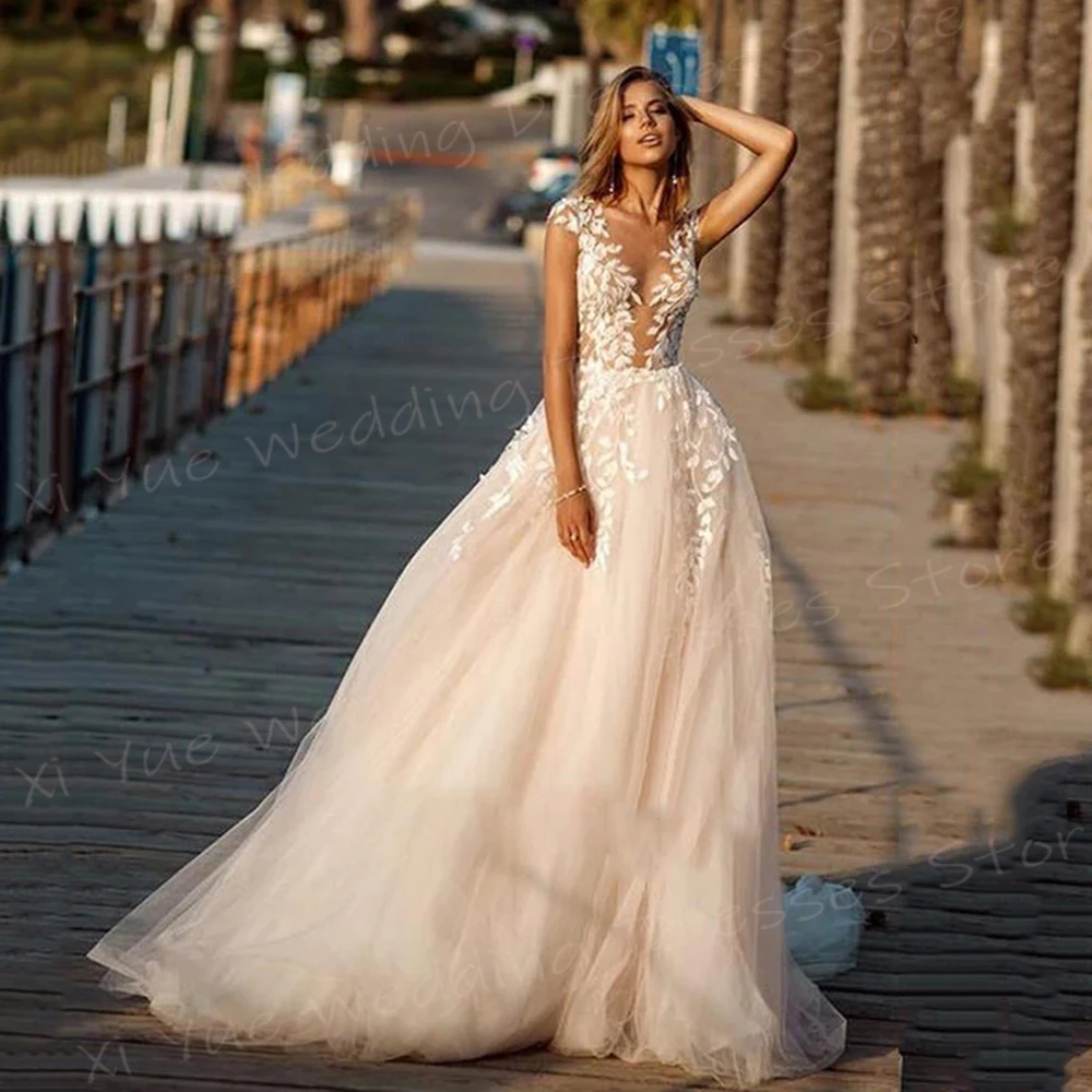 Vestido de casamento clássico sexy para mulheres, apliques requintados, vestidos de noiva de renda, gola V profunda, manga boné, vestido de praia