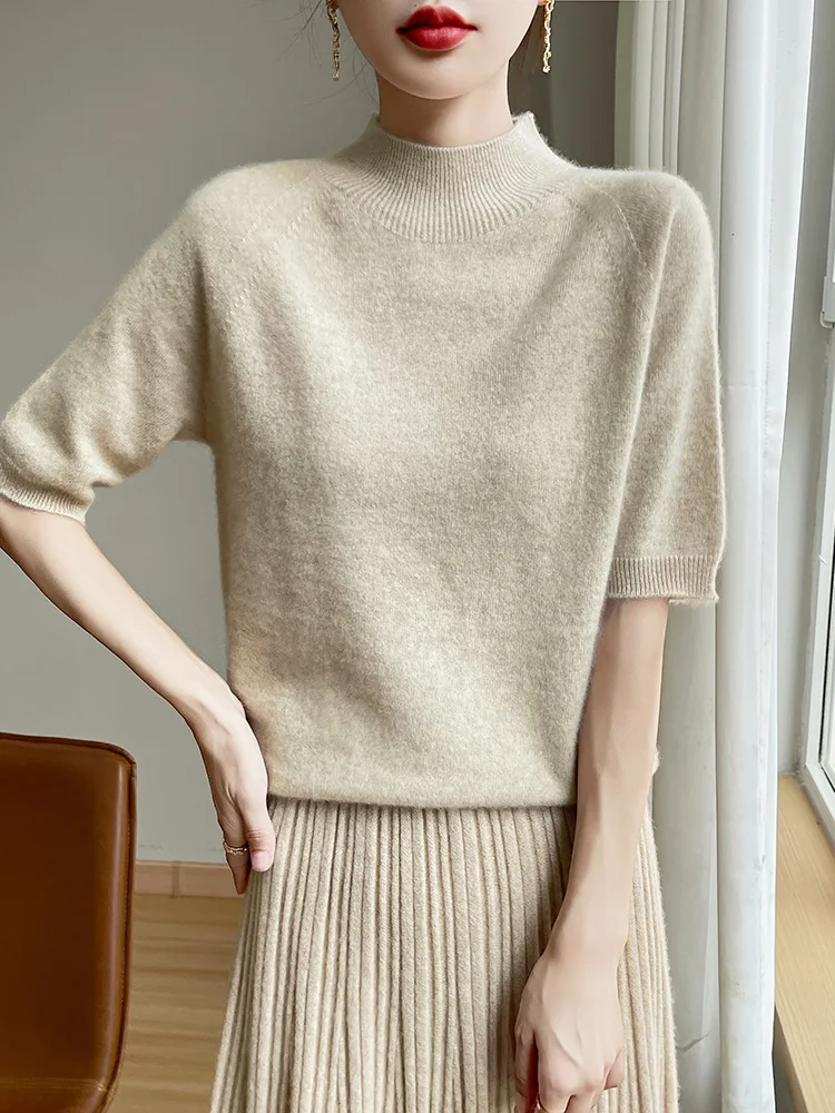 Short Sleeve Women Sweater Basics 30% Merino Wool Female Knitted Pullover Summer Clothing Tops Solid Casual Mock Neck T Shirts - Image 2