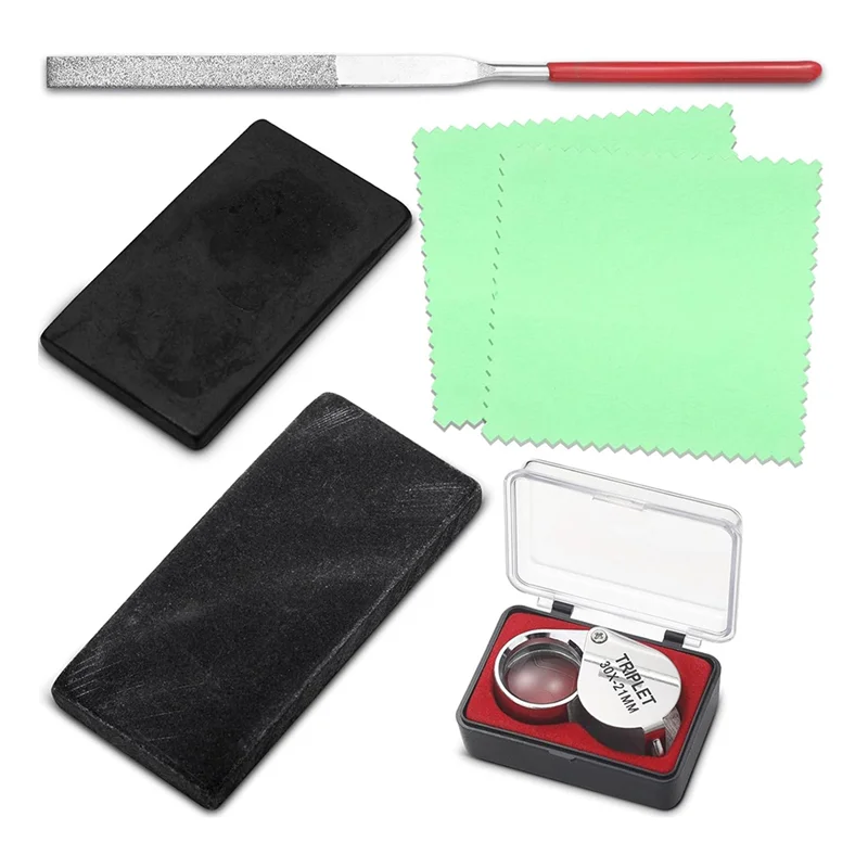 

A32HOT-Gold And Silver Jewelry Testing Kit Includes 6-Piece Solutions With Scratches Streaks Gemstone Polishing Cloth Magnifier