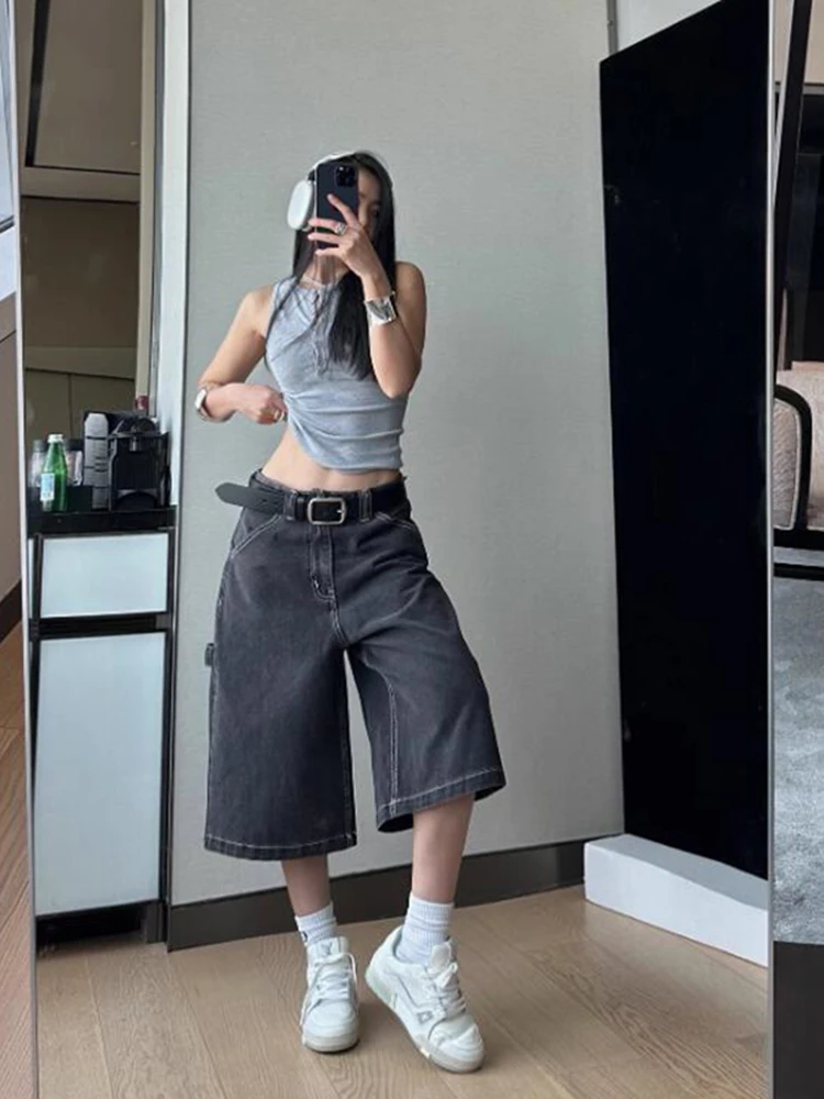 

WCFCX STUDIO Women Y2k Vintage Style Baggy Denim Shorts Wide Leg Short Pants Fashion High Waisted Washed Casual Loose Jeans