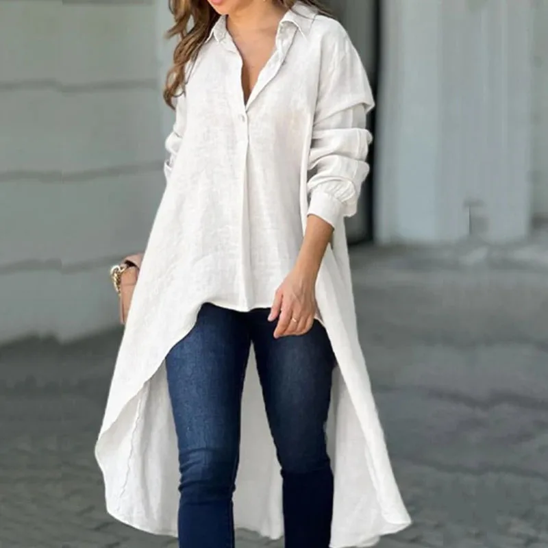 Women Casual Long Sleeves Solid Irregular Blouses Elegant Turndown Collar Long Shirts Office Fashion Single-breasted Loose Tops