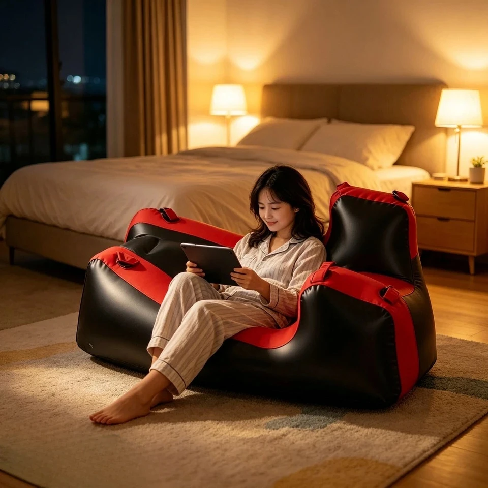 Contemporary PVC Flocking Inflatable Sofa Bed Red with Tufted Design Portable Lounge Chair Air Pump for Bedroom Use 330 Lbs