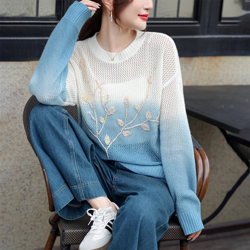 Pure wool knitted round neck hollow-out fashion sweater women\'s autumn and winter Korean version casual all-match base shirt