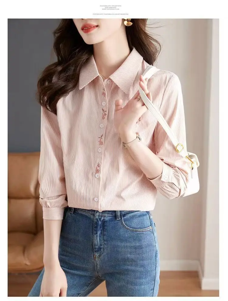 2024 New Style Lapel Long Sleeved Shirt with Striped Fashion Style Simple and Stylish Shirt Trendy and Versatile Loose Top