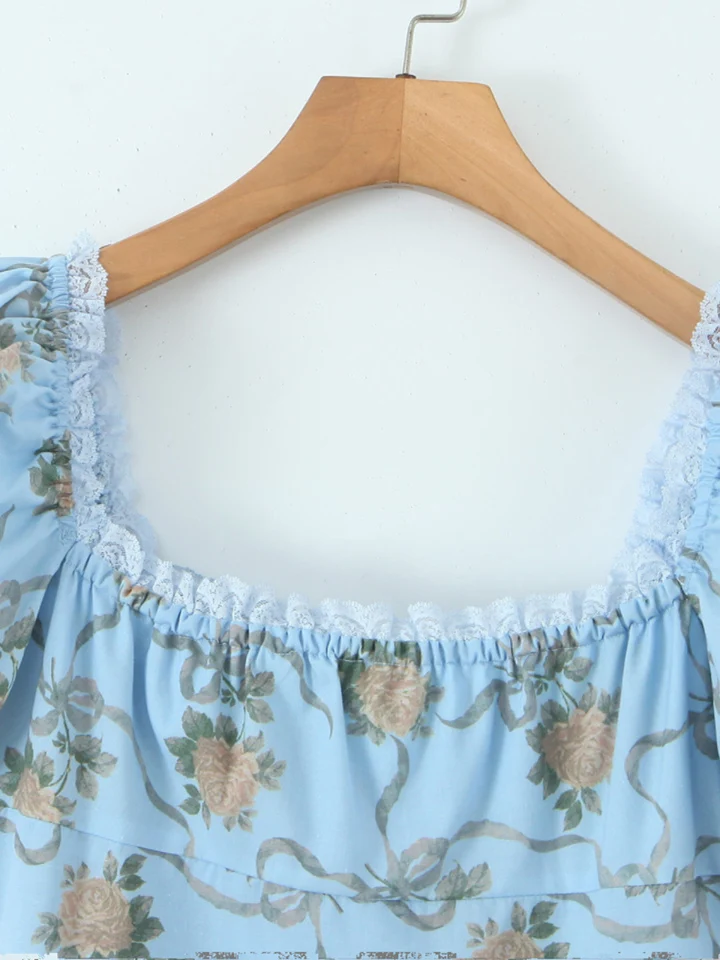 레트로 레이스 스플라이싱 슬림핏 스퀘어 넥 버블 소매 플로럴 드레스 여성 허리 조절 미니 숏 스커트 프린세스 드레스