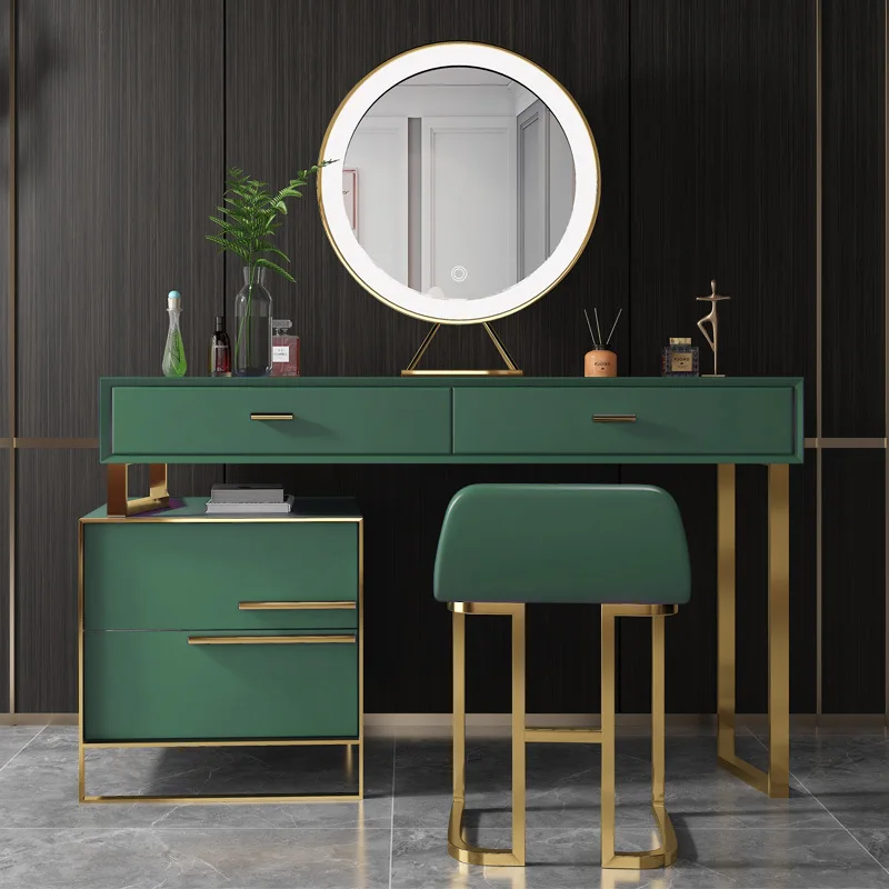 Nordic Bedroom Furniture Wooden Green Dresser Table Set Girl Makeup Table with Mirror Drawer Cabinet Dresser