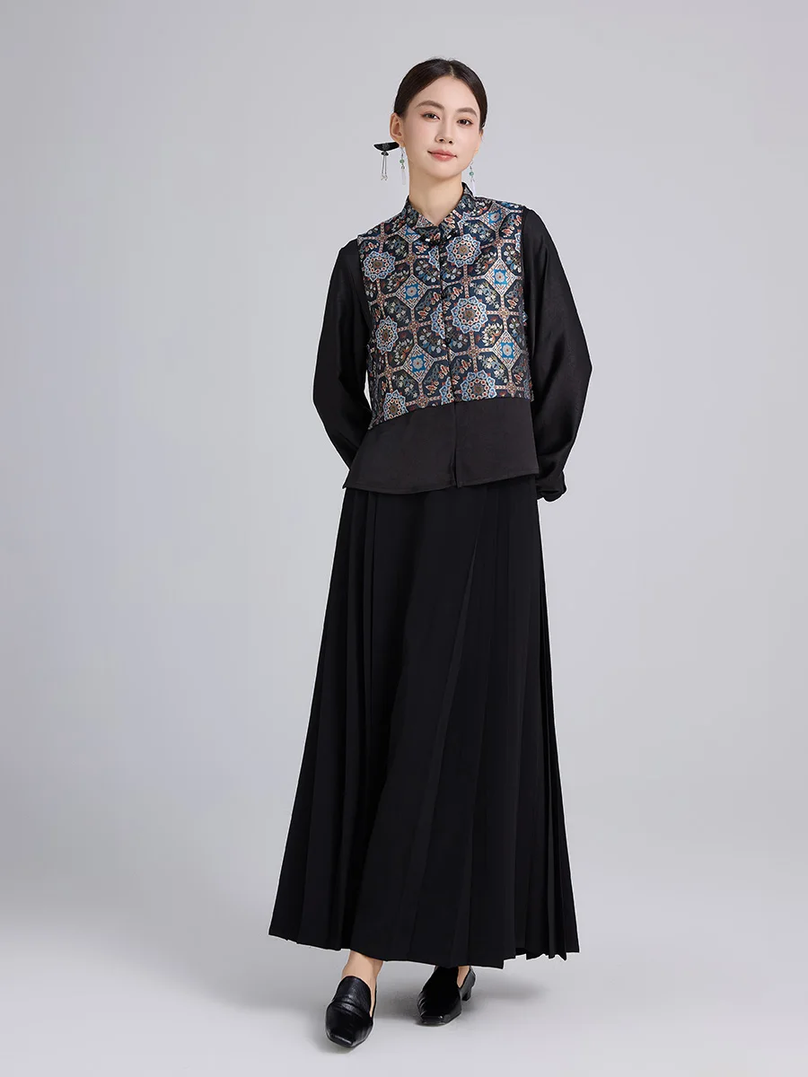 

Ele Chinese Sle Embroidered Satin Jaet with hette Modified Zipper Design Bla Silk Brocade Hanfu Women's Set