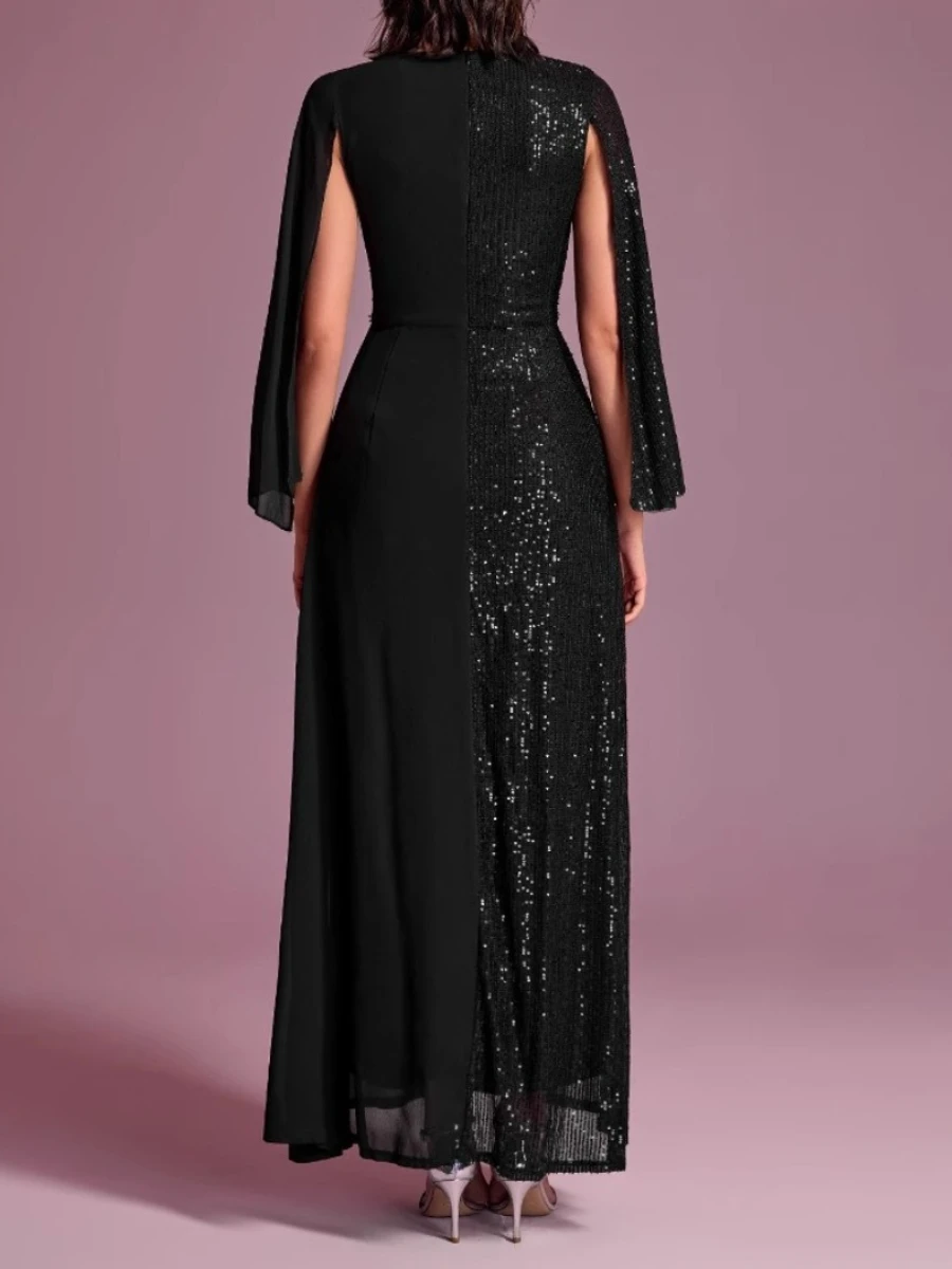 VGH พรหมชุดราตรี Spliced Sequins ชุดผู้หญิง V คอแยกแขนยาวเอวสูง Patchwork ตาข่ายชุดราตรีหญิง