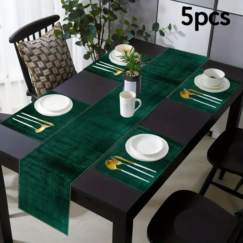 VIKAMA Retro Light Luxury Green Table Flag Mat Set Waterproof and Anti slip Kitchen and Dining Table Mat