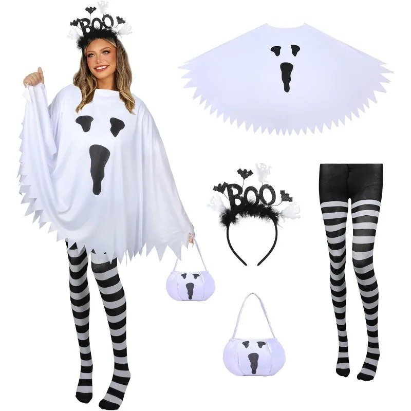 

Halloween Ghost Cosplay Costume Cloak Candy Bag Headband Nylon Striped Tight Suit Women Carnival Party Roleplay Pumpkin Outfits