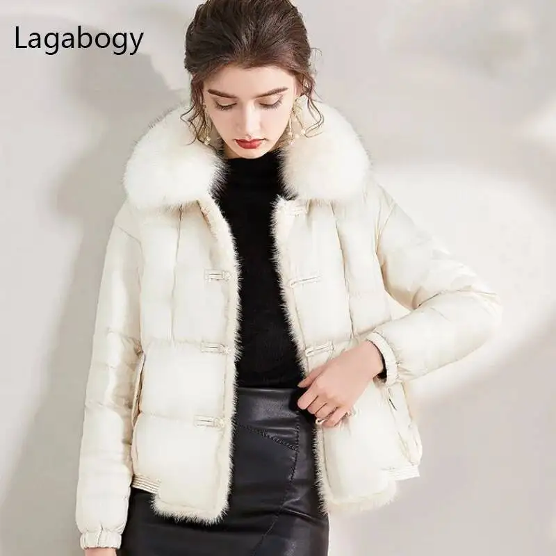 Lagabogy 2025 Vera Pelliccia di Volpe Collo di Inverno Delle Donne 90% Piumino D'anatra Bianca Della Signora Breve Caldo Piumino Cappotto Femminile Allentato Vintage Parka