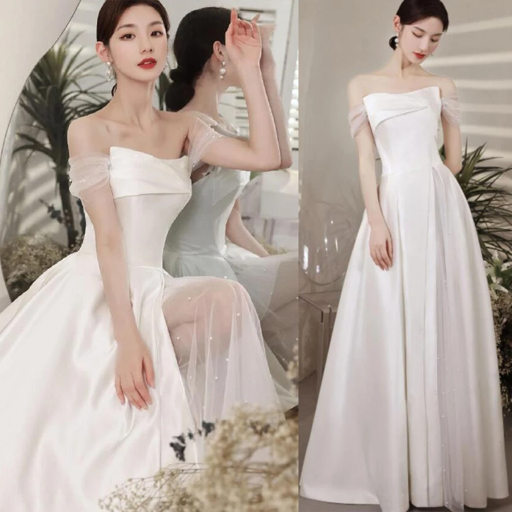 4038 Morden Simple Modest Wedding Dress 2024 Off The Shoulder Sweetheart Short Sleeve Bridal Gowns Side Split Formal Party