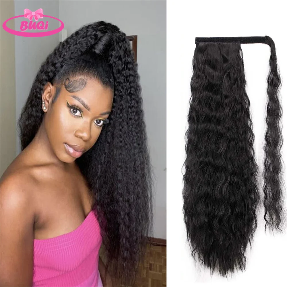 

Long Corn Wavy Ponytail Hairpiece Wrap Around Magic Paste Ponytail Hair Extensions Kinky Straight Synthetic Pony Tail For Women