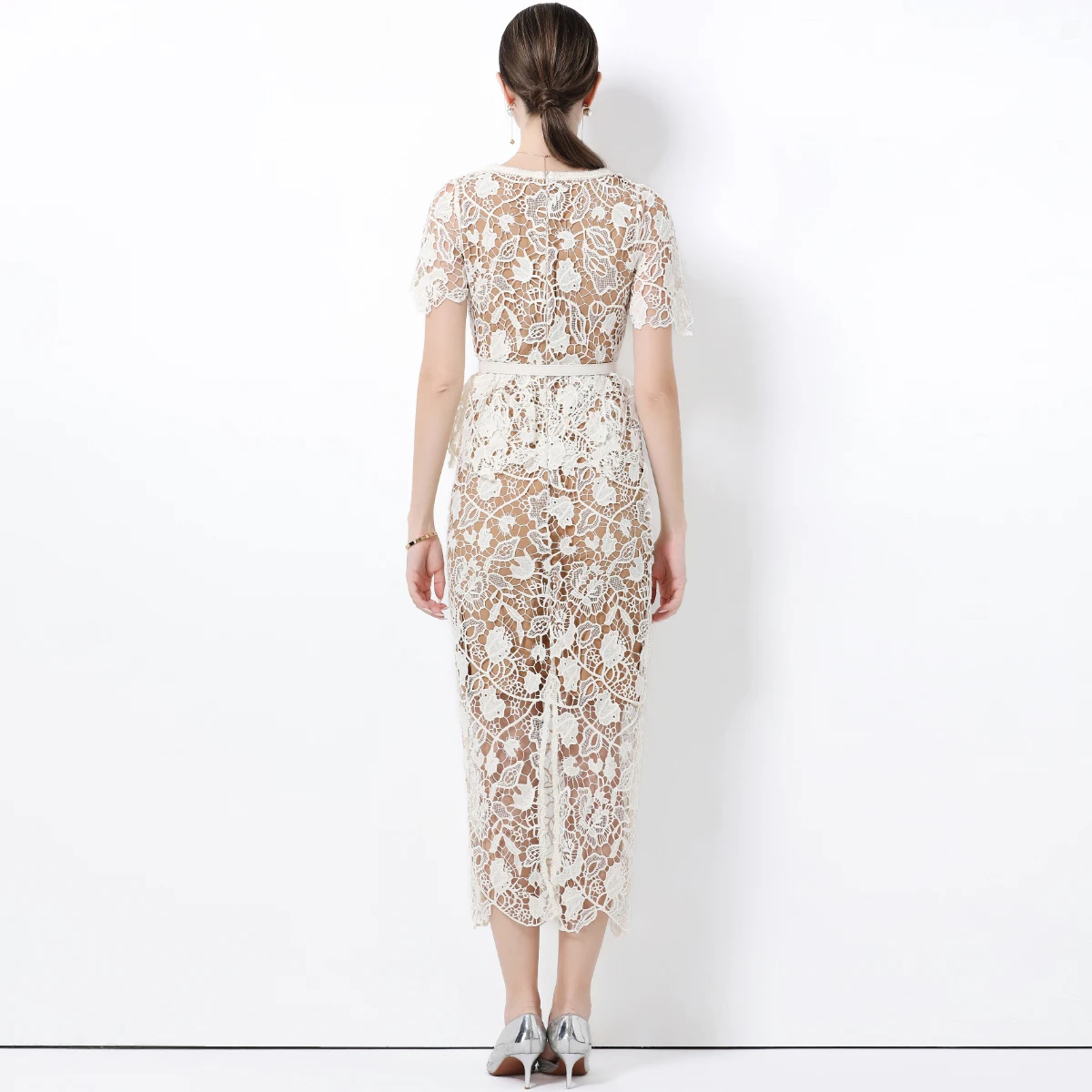 Summer Retro Solid Sexy Dress Women U-Neck Short Sleeve Square Pocket Decoration Dress Lace Cutout Comes with Belt Evening Gown