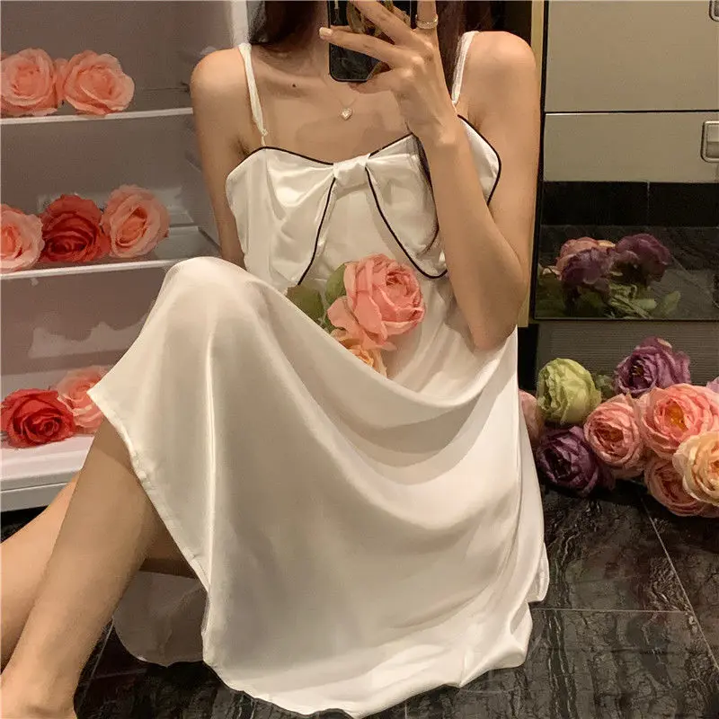

Women Spaghetti Strap Nightgown Nightwear Princess Style Satin Sleepshirt Loose Home Dressing Gown with Bow Kawaii Loungewear