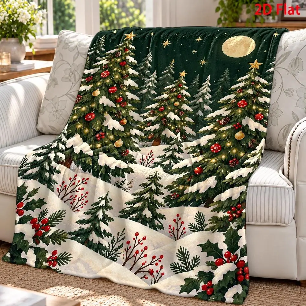1pc 2D Flat DIY Coloring Throw Blanket, Snow-covered Christmas Tree Line Art,Oil Painting Winter Forest with Holly Berries Decor