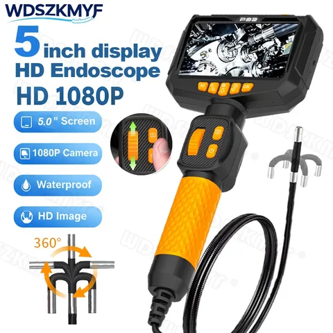 360° Articulating Borescope Camera with Light Single Articulated Endoscope Inspection with 6.0mm Tiny Lens 5" 1080P Screen