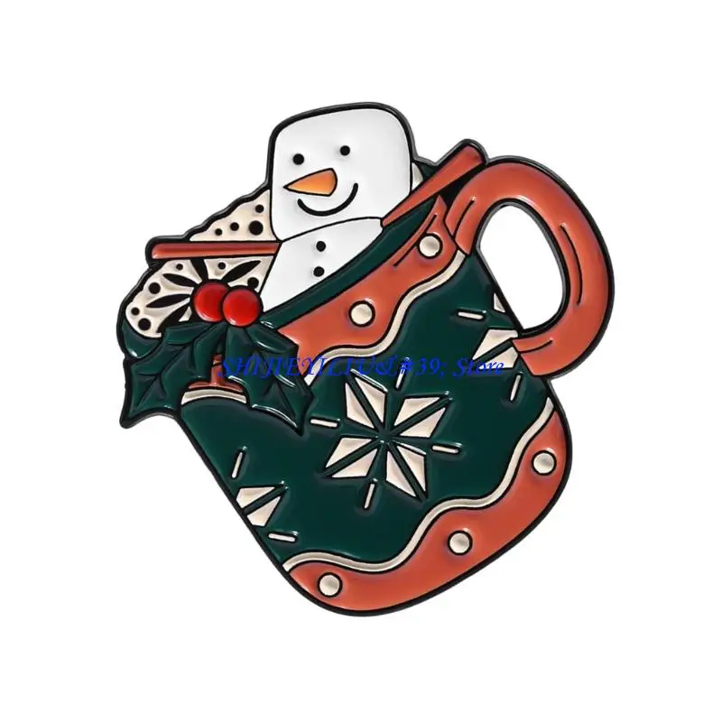 E21F Holiday Themed Snowman Cup Brooch Elk Gingersnap Alloy Corsage Pin Jewelry Gift For Winter Festive Occasions