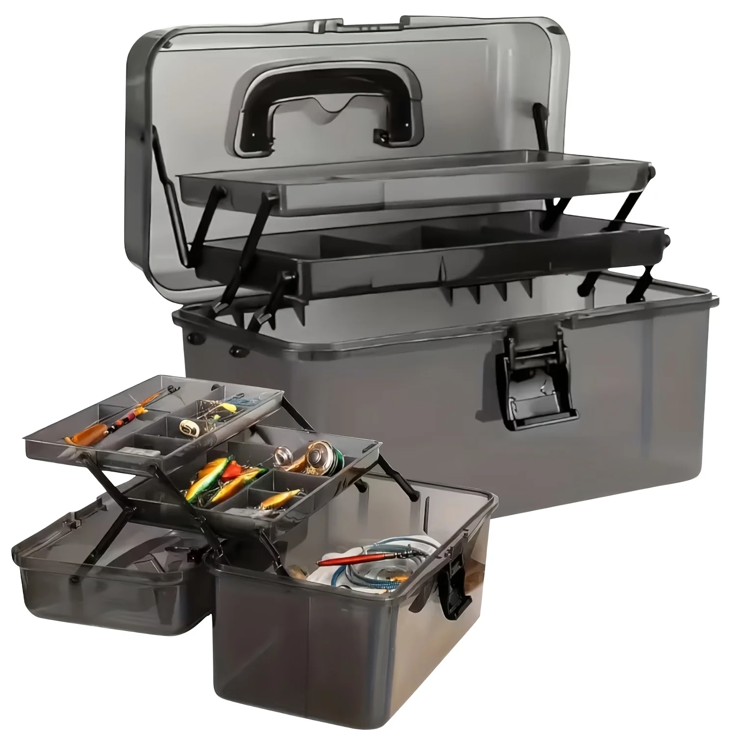 

1 большой прозрачный черный ящик для хранения рыболовных снастей, из прочного полиэтиленового материала, со встроенным замком безопасности, прочный.