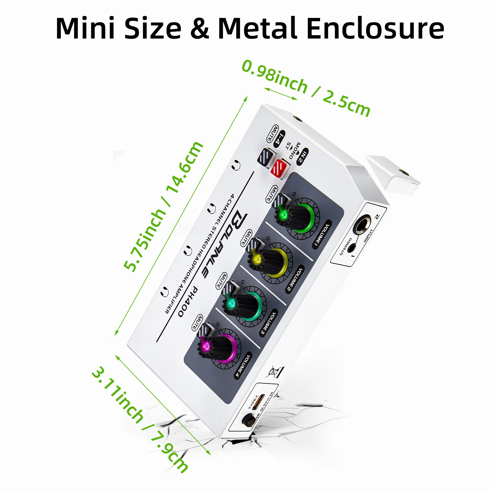 Bolanle PH400 เครื่องขยายเสียงหูฟังสเตอริโอ 4 แชนเนล ระบบกระจาย การกดสูงสุดของหูฟัง 600 โอห์ม เอฟเฟกต์แสง RGB