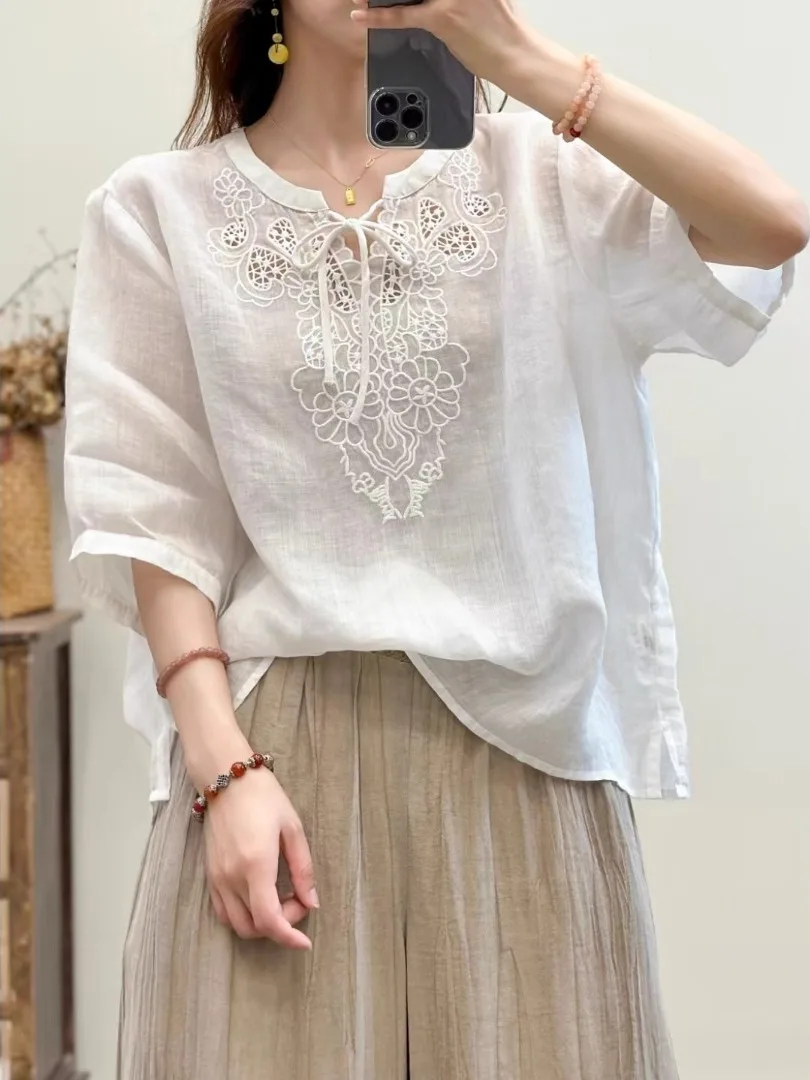 

Retro Embroidered Linen irt Women's Summer Thin Cotton Linen Loose Anti-Aging Linen Top Mid-Sve Casual Sle Commute Fas...