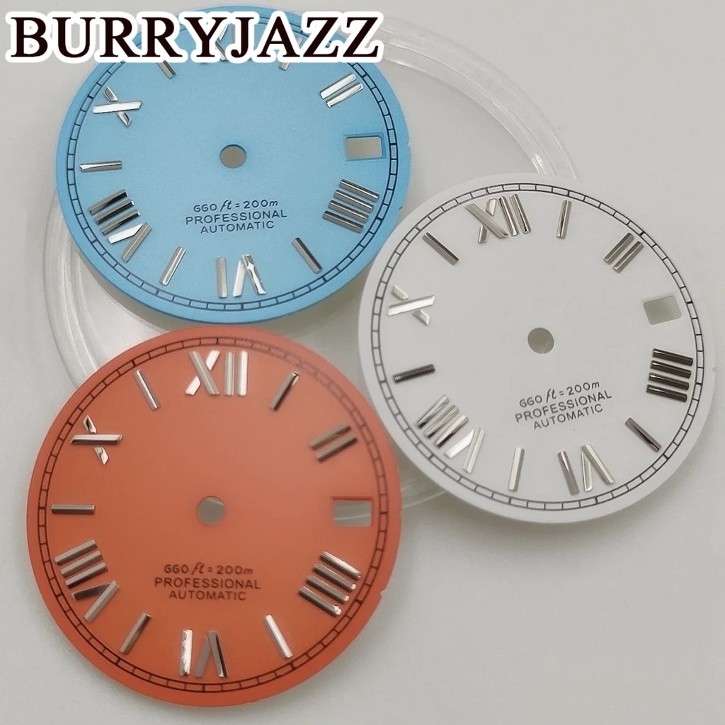 BURRYJAZZ 28.5 No Logo NH35 Watch Dials White Black Blue Green Orange Dial Green Luminous Fit 3 O'clock 3.8 O'clock Case Crown