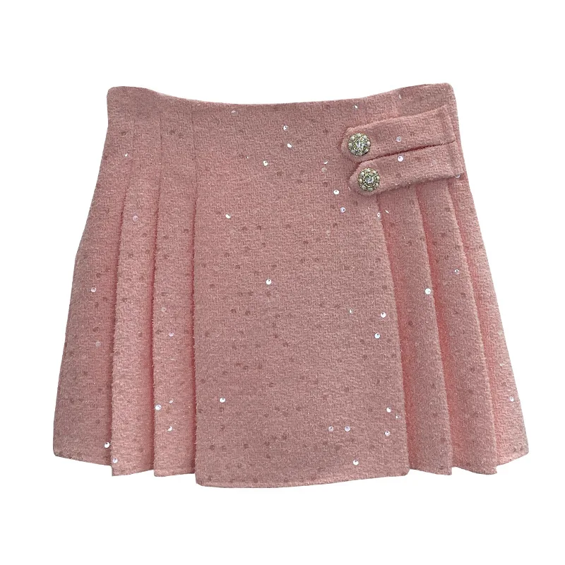 

Women's autumn/winter glitter tweed half skirt 2024 new small fragrant style high waisted pleated A-line short skirt