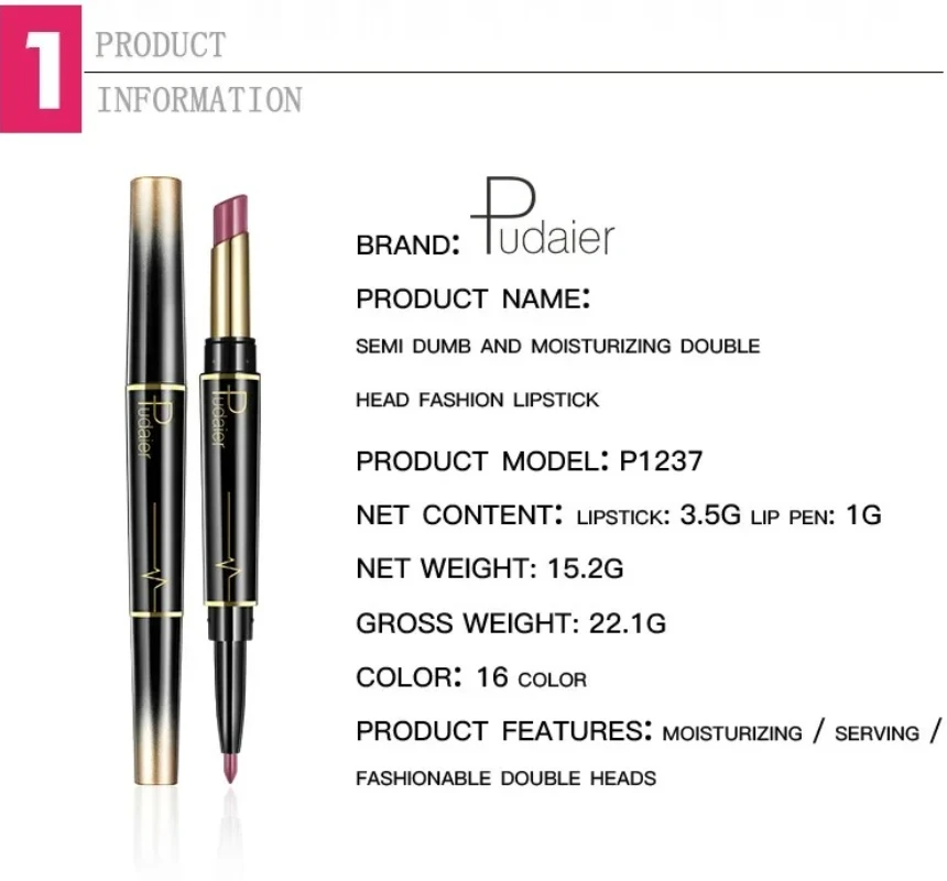 Pudaier 16 Colors Double Ended Lipstick Lip Pencil Combination Waterproof Makeup Long Lasting Beauty Half Matte Lip Stick - Image 2