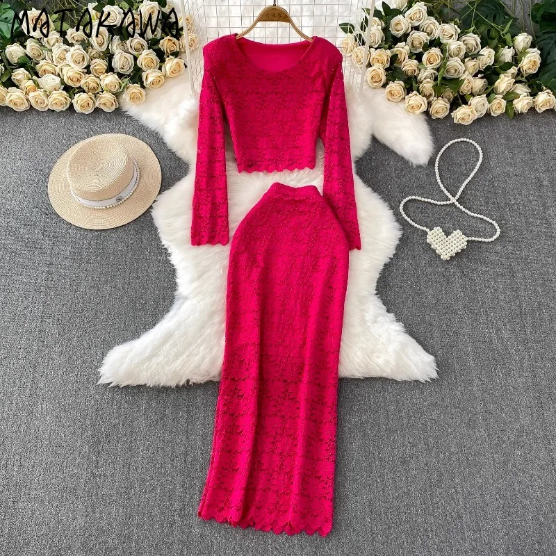 

Matakawa Lace Two Pieces Sets Women Outfits Spring Autumn Solid Vintage Tees Skirts Set Korean Fashion Elegant Conjunto Femenino