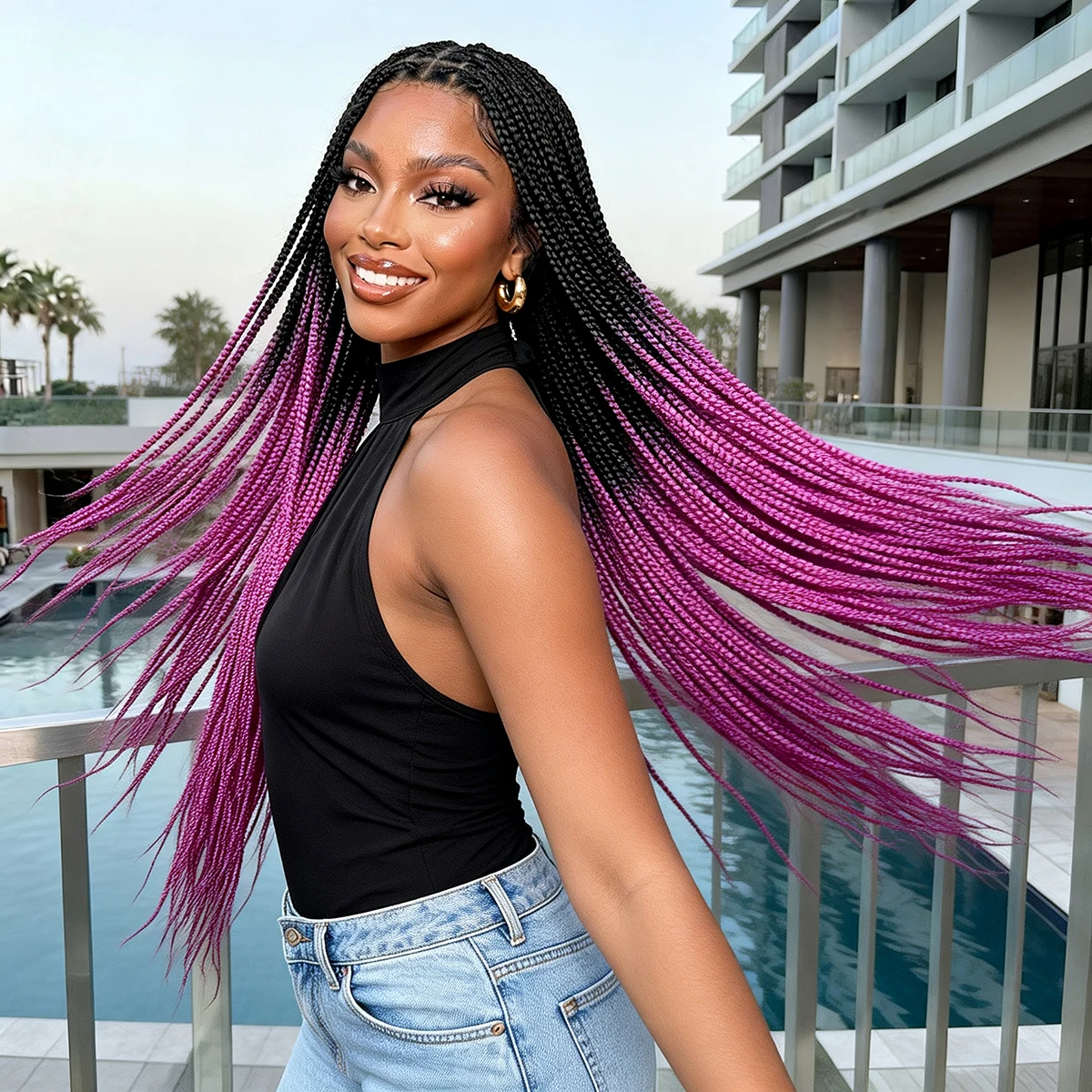 36inch Long Pink Color Box Braided Wigs Synthetic Full Lace Knotless Braids Wigs with Baby Hair for Black Women
