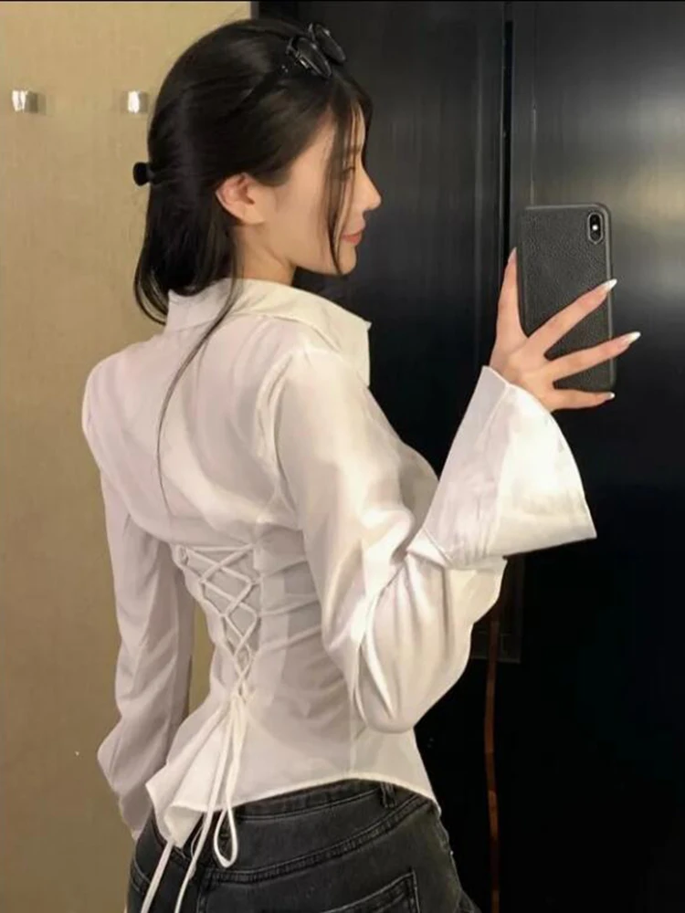 

New Fashion Women Bandage Shirts Korean All Match Streetwear Female Slim Blouse Spring Casual White Bell Sleeve Shirt