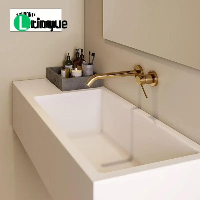 Corian Suspended Countertop Integrated Basin Minimalist Artificial Stone Washbasin with Concealed Faucet Customizable Wall
