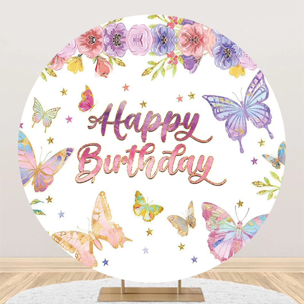 Pink Princess Castle Round Photo Backdrops Butterfly Flower Birthday Party Baby Child Backgrounds Photocall for Photo Studio