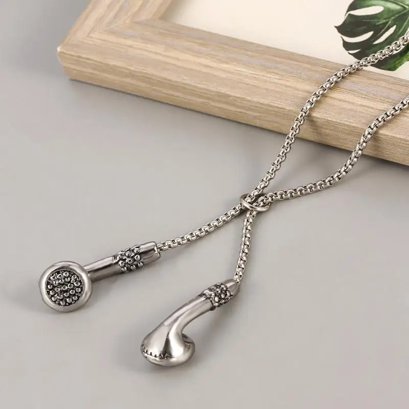 Rhinestone Inlaid Earphone Pendant Necklace Gold Silver Options Perfect For Hip Hop Street Wear Daily Outfit Accessories