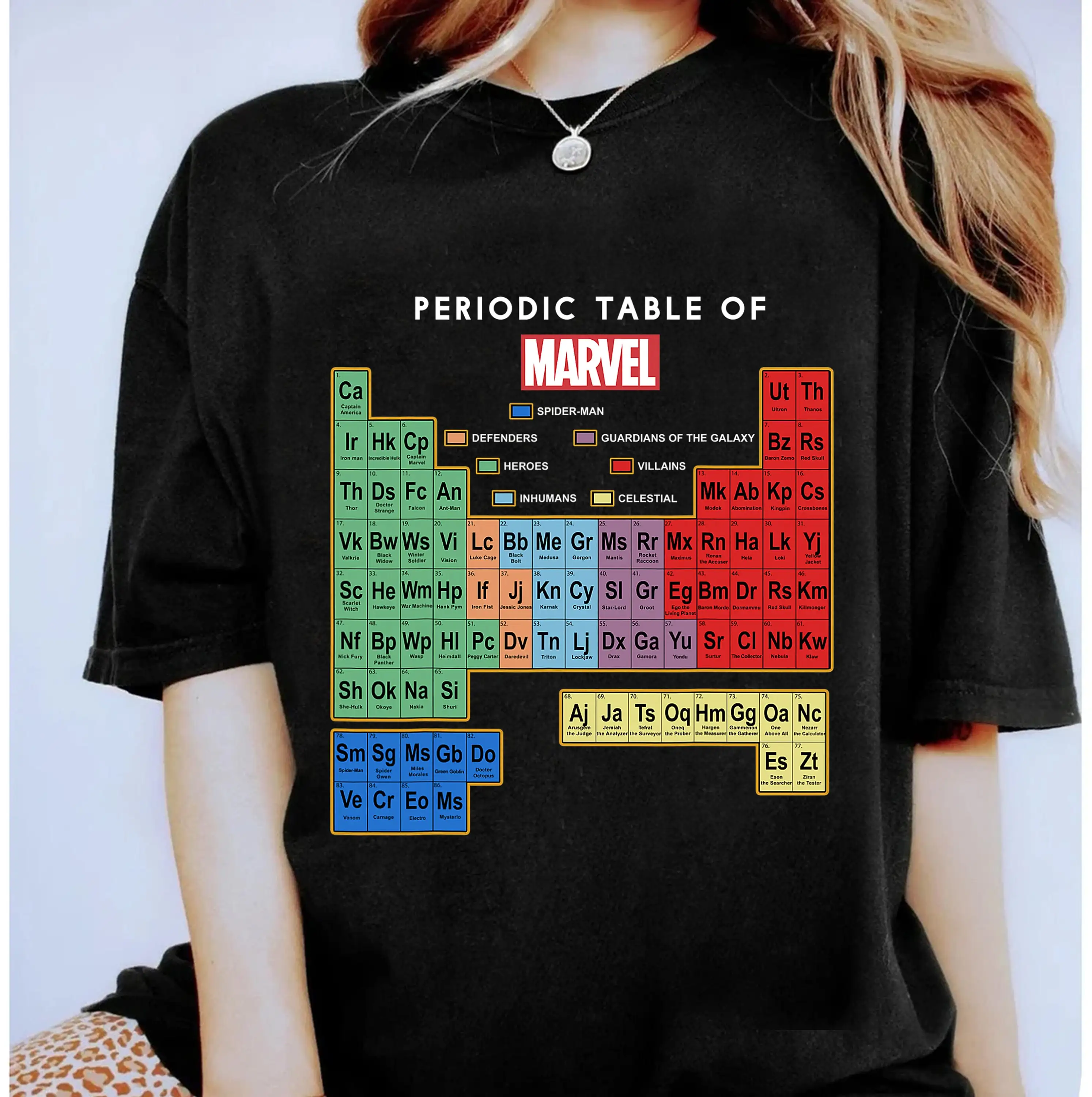 Camisetas de algodón con estampado gráfico de tabla periódica de Marvel para hombre y mujer, camisetas de manga corta de lujo para exteriores, verano, Otoño e Invierno