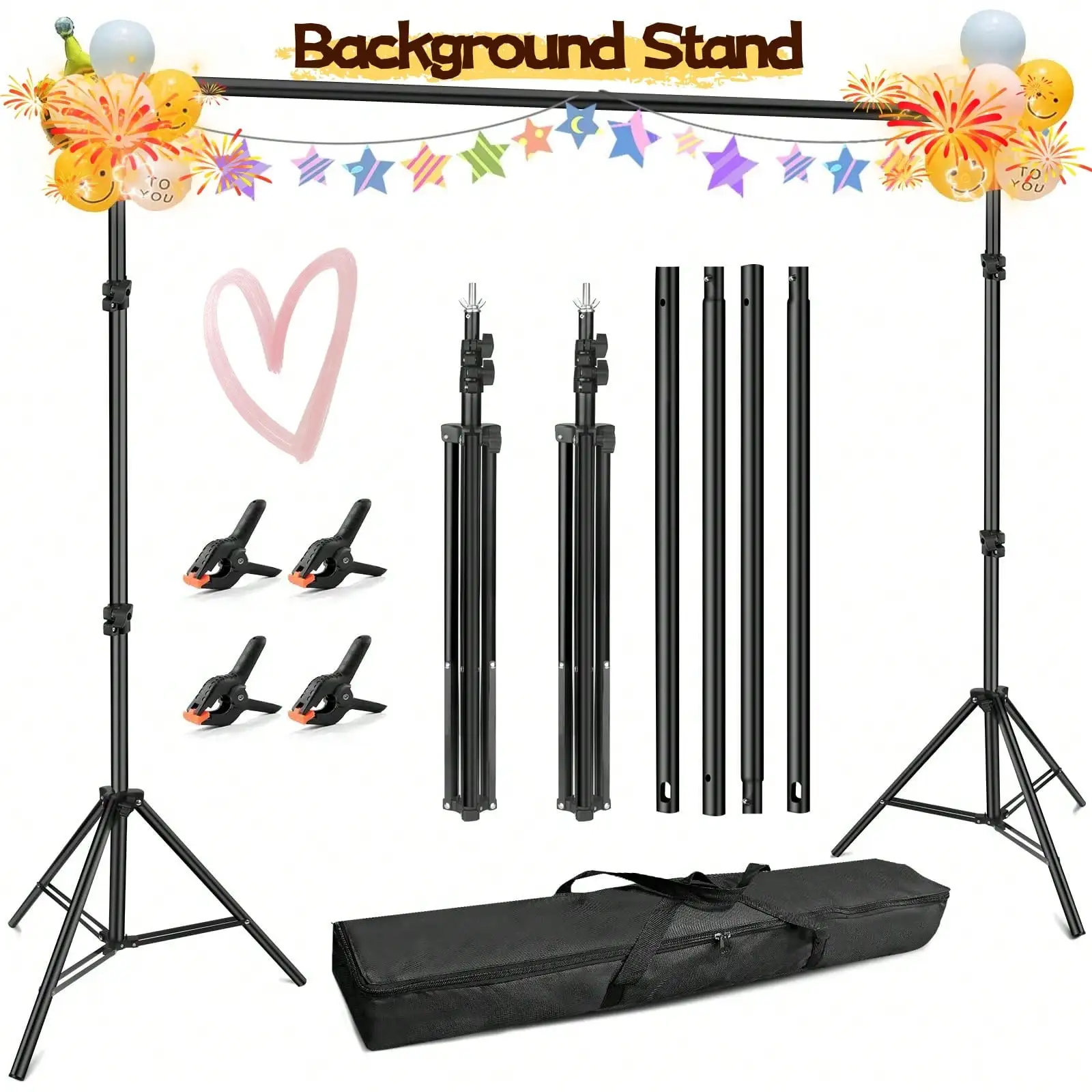 Backdrop Stand Professional Heavy Duty Photography Background Stand Black Metal Frame Adjustable Support System With 4 Crossbars 4 Clamps Carry Bag For Studio Wedding Photo Booth Christmas Party