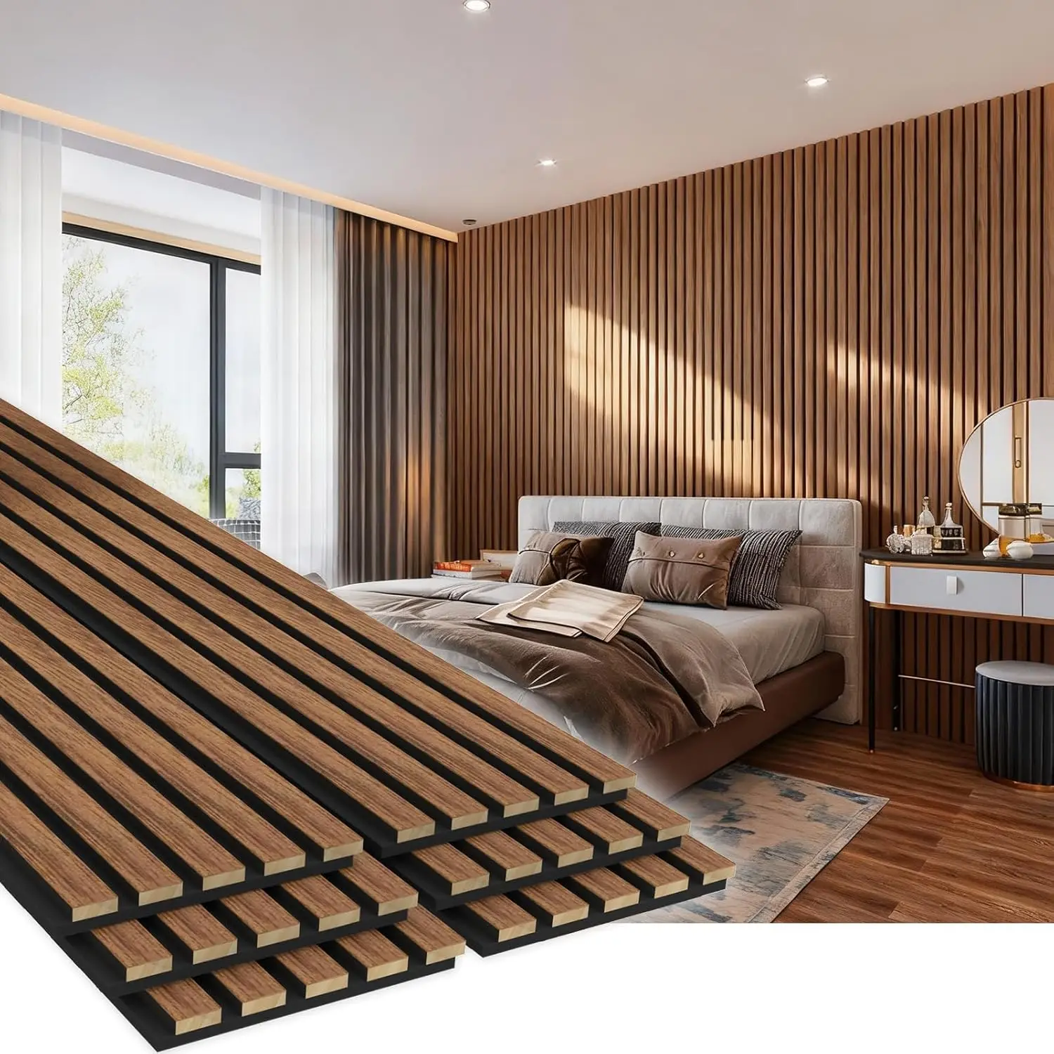 

Набор из 6 деревянных акустических панелей 240,1 см x 20,0 см для звукоизоляции стен, декора домашнего офиса, цвет орех