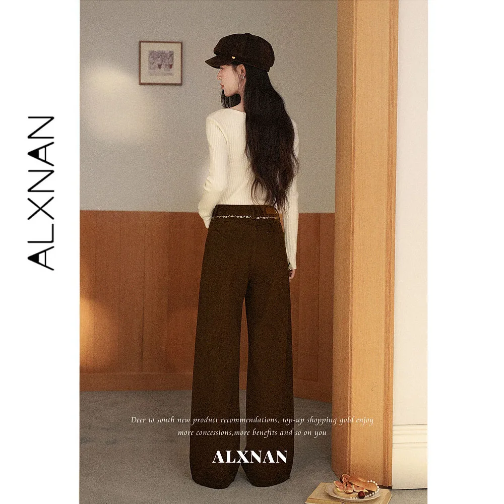 ALXNAN Maillard Brown Jeans Women Autumn High Waist Wide-leg Straight Drape Long Baggy Pants 2026 Fashion Denim Pants L67660