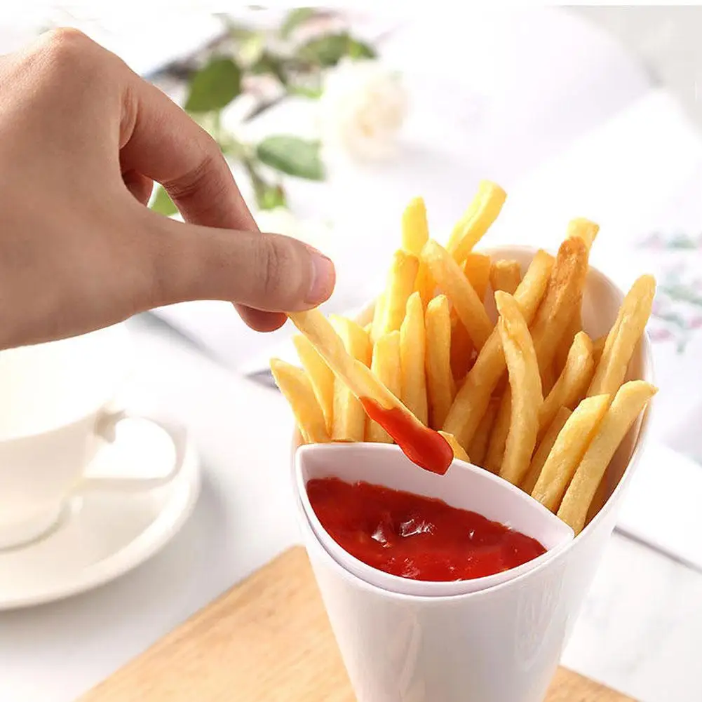 2 In 1 French Fries Cups Plastic Cups Sauces Snacks Dessert Plate Ketchup Slant Cup Two Cup Spout Kitchen Accessories