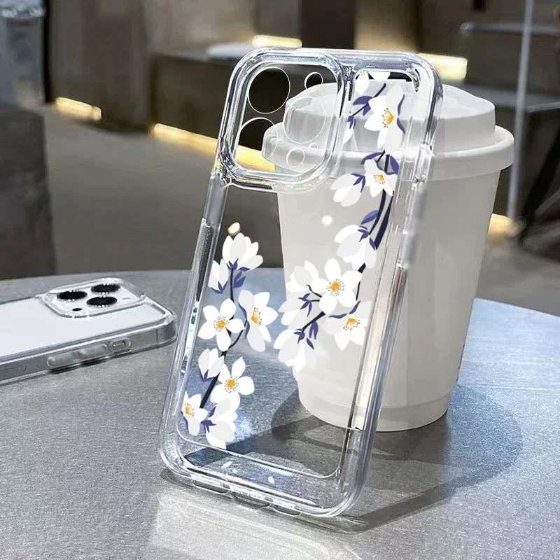For iPhone 16 15 14 13 12 11Pro Max Transparent Phone Case Little Daisy White Magnolia Flower Clear Cover