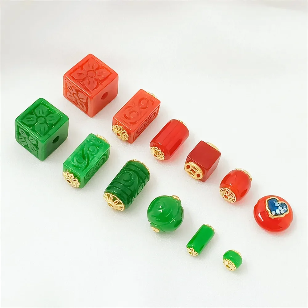 Natural Red Agate Dry Green Cloud Pattern Cube Sugar Patch Bead, Diy Handmade Bracelet, Necklace, String Accessory Material