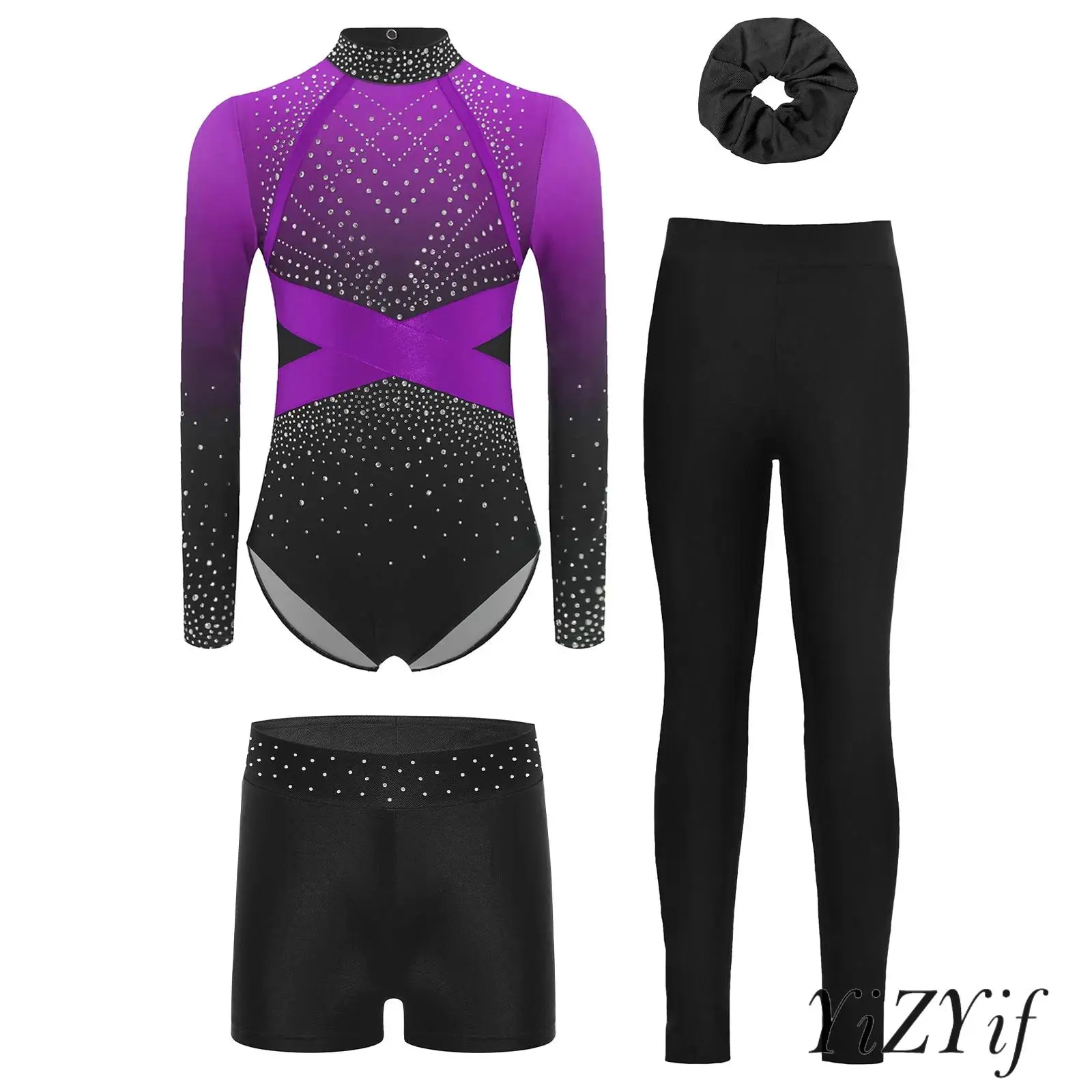 4개/세트 어린이 소녀 체조 요가 발레 댄스 의상 긴 소매 컬러 블록 레오타드와 반바지 레깅스 및 헤드웨어