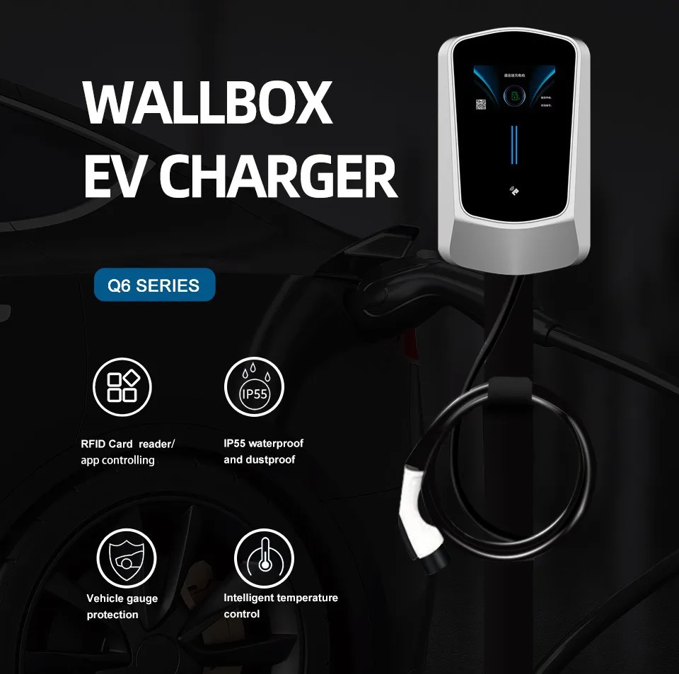 EV charging station for home use electric vehicles car charger, wall-mounted, 22 kW,Type 2 IEC-62196 with RFID card,APP 5m cable