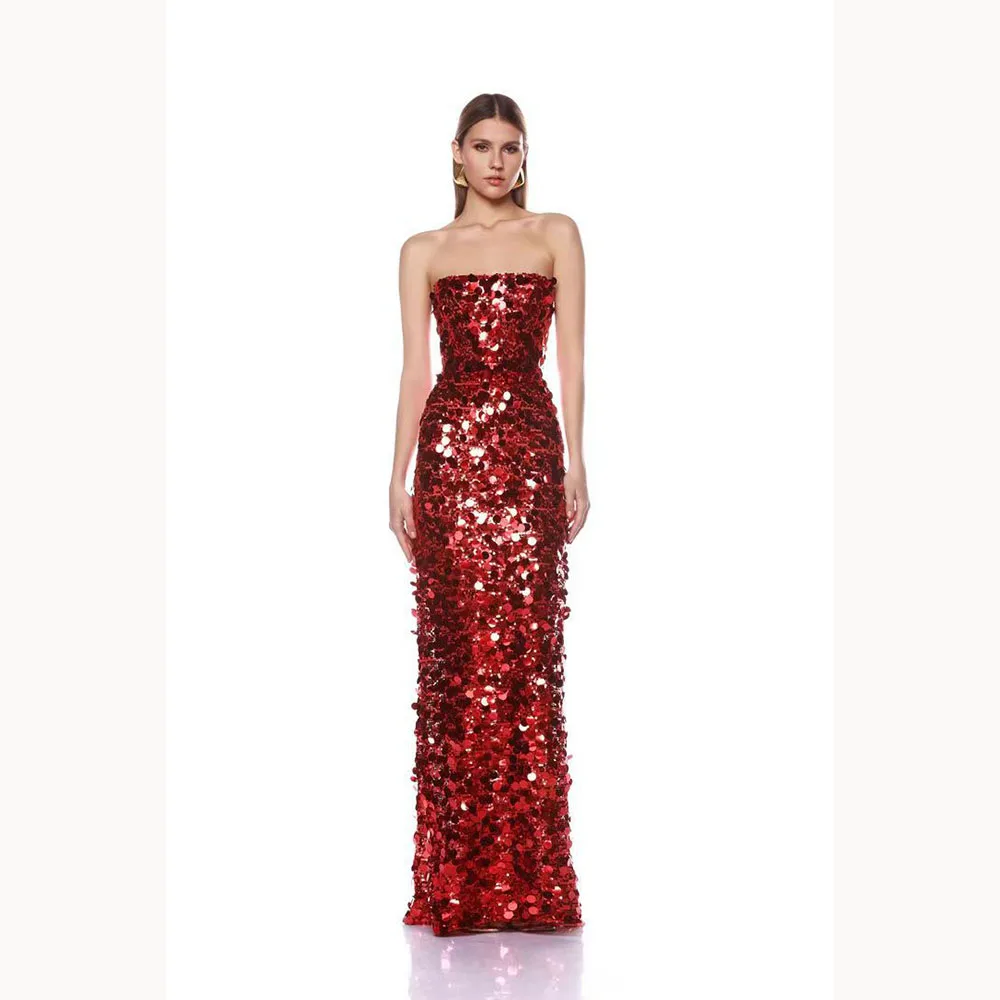 

Red Women Dresses High-end Bead Slip Sexy Sequin Long Gowns Elegant Eye-catching Shining Fitted Slim Evening Party Dresses