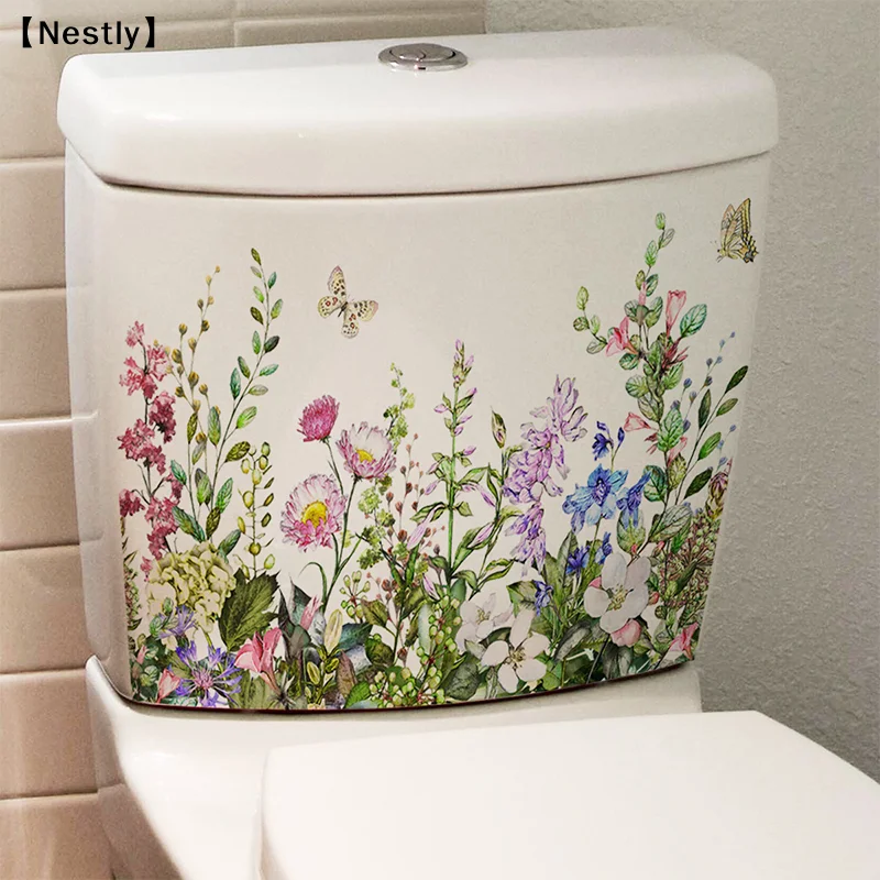 Various Green Plants Flowers Butterfly Wall Sticker Bathroom Toilet Decor Decals Living Room Cabinet Home Decoration〔Nest〕