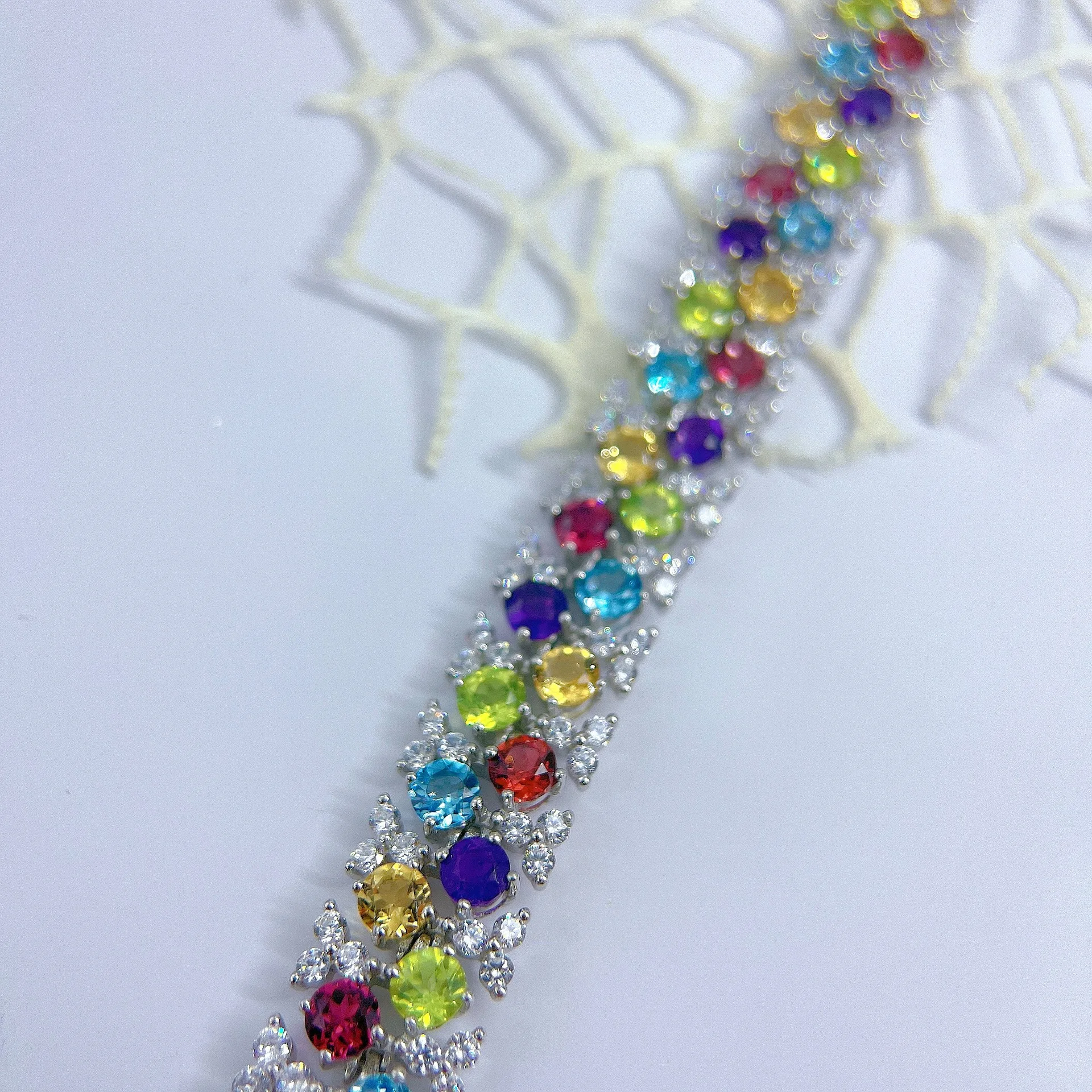 S925 Sterling Silver White Gold Plated Natural Multi Color Gemstone Tennis Bracelet Rainbow Party Bracelet