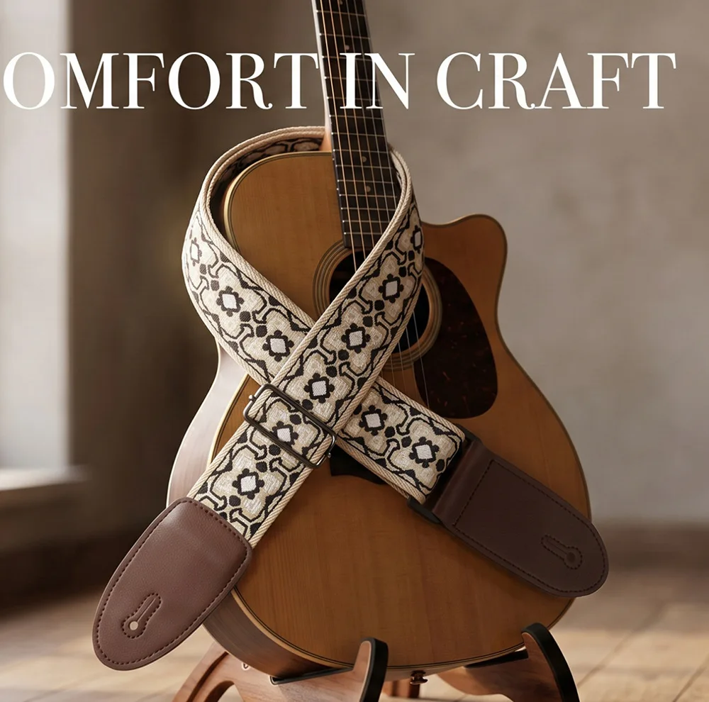 Black‑White Square Pattern Embroidered Guitar Bass Strap Thickened Widened Brown Leather End Shoulder Sling